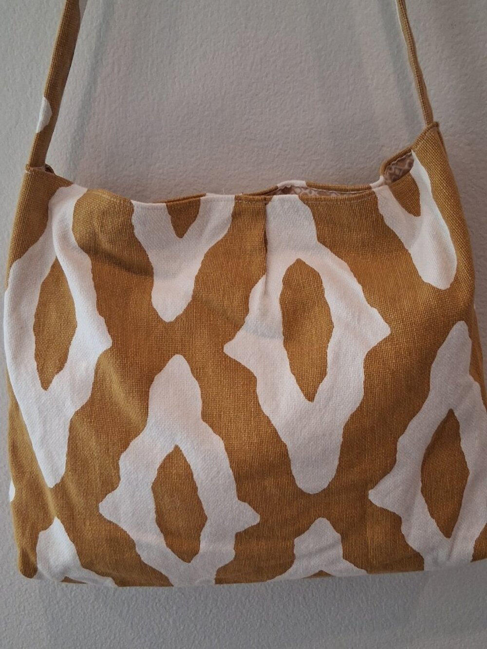 Handmade Upcycled Mustard Yellow Cream Ikat Crossbody Hobo Tote Bag